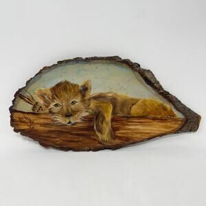 Hand Painted Lion on‎ Wood Slab w/Wall Hook